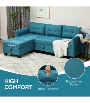 HOMCOM Convertible Modular Sectional Sofa w/ Storage Wood Frame Light Blue
