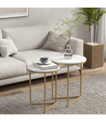 HOMCOM Nesting Coffee Table Set of 2 with Metal Frame, Gold Tone