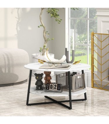 HOMCOM Round Coffee Table with Storage Shelf and Marble Effect Top, White