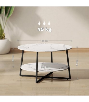 HOMCOM Round Coffee Table with Storage Shelf and Marble Effect Top, White