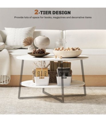 HOMCOM Round Coffee Table with Storage Shelf and Marble Effect Top, White