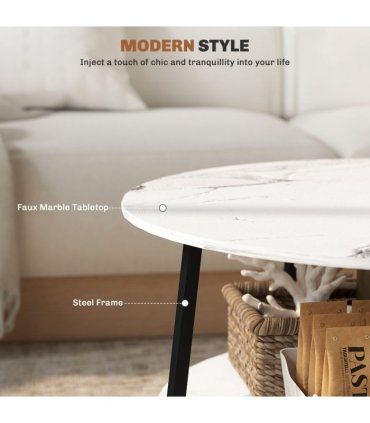 HOMCOM Round Coffee Table with Storage Shelf and Marble Effect Top, White