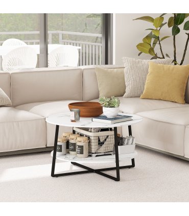 HOMCOM Round Coffee Table with Storage Shelf and Marble Effect Top, White