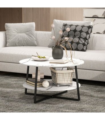 HOMCOM Round Coffee Table with Storage Shelf and Marble Effect Top, White