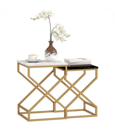 HOMCOM Nest Of Tables, Coffee Table Set with Steel Frame Black/White