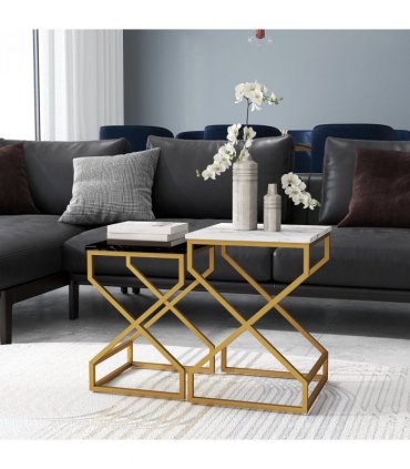 HOMCOM Nest Of Tables, Coffee Table Set with Steel Frame Black/White