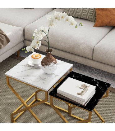 HOMCOM Nest Of Tables, Coffee Table Set with Steel Frame Black/White
