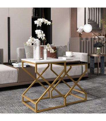 HOMCOM Nest Of Tables, Coffee Table Set with Steel Frame Black/White