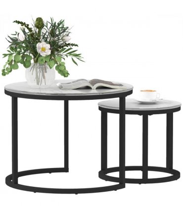 HOMCOM Glass Coffee Table Set of 2, Round Nest of Tables for Living Room