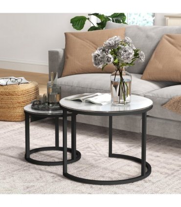 HOMCOM Glass Coffee Table Set of 2, Round Nest of Tables for Living Room