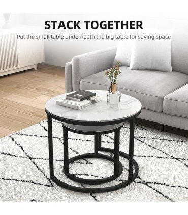 HOMCOM Glass Coffee Table Set of 2, Round Nest of Tables for Living Room