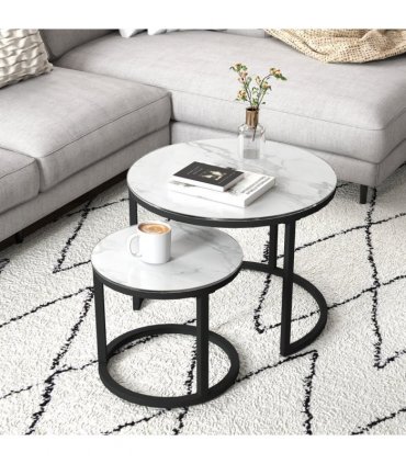 HOMCOM Glass Coffee Table Set of 2, Round Nest of Tables for Living Room