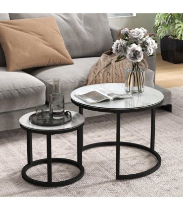 HOMCOM Glass Coffee Table Set of 2, Round Nest of Tables for Living Room
