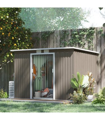 Outsunny 9 x 4FT Metal Garden Storage Shed w/ 2 Door, Light Grey Wood Grain