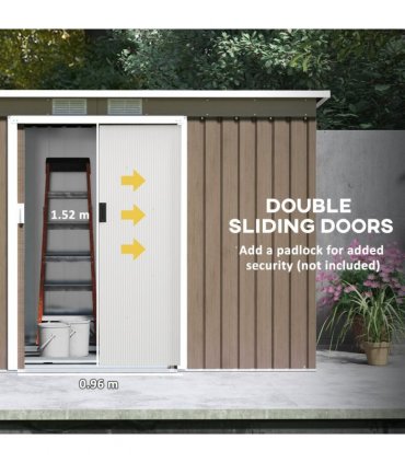 Outsunny 9 x 4FT Metal Garden Storage Shed w/ 2 Door, Light Grey Wood Grain