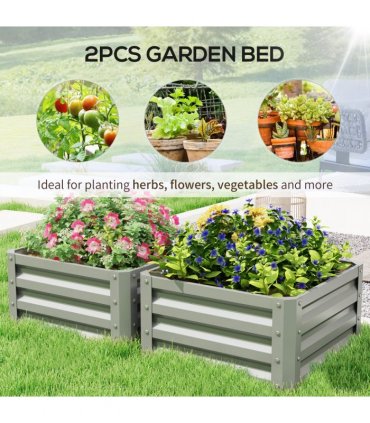 Outsunny Set of 2 Raised Garden Bed Galvanised Planter Box, Light Grey