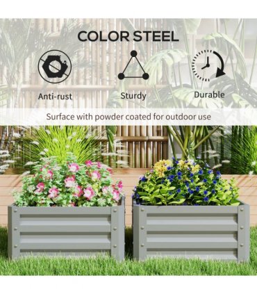Outsunny Set of 2 Raised Garden Bed Galvanised Planter Box, Light Grey