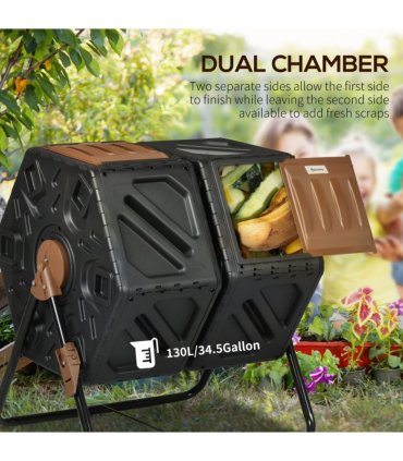 Outsunny 130L Compost Bin Dual Chamber Rotating Composter w/ Ventilation Holes