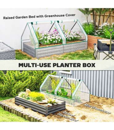 Outsunny Raised Garden Bed Planter Box with Greenhouse, White and Dark Grey