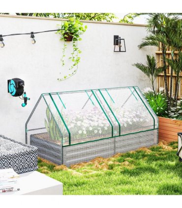 Outsunny Raised Garden Bed Planter Box with Greenhouse, White and Dark Grey