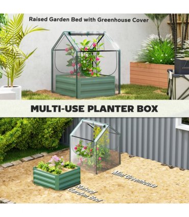Outsunny Raised Garden Bed Planter Box with Greenhouse, Clear and Green