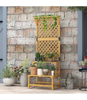 Outsunny Wooden Plant Stand with Trellis for Climbing Plants, Yellow