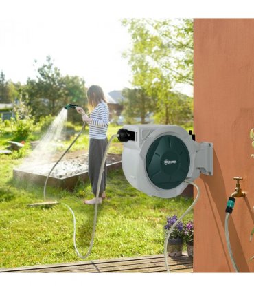 Outsunny Retractable Hose Reel Wall Mounted with Lock, Grey