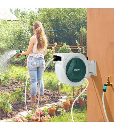 Outsunny Retractable Hose Reel Wall Mounted with Lock, Light Grey