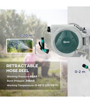 Outsunny Retractable Hose Reel Wall Mounted with Lock, Light Grey