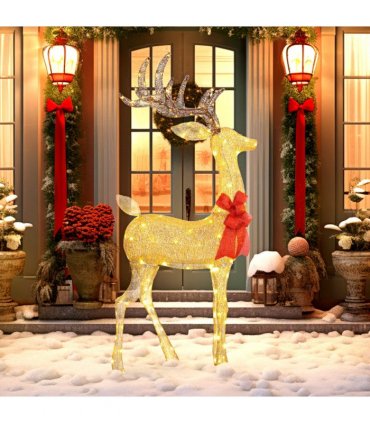 Outsunny Lighted Reindeer Christmas Decoration w/ Stakes Zip Ties Gold Tone