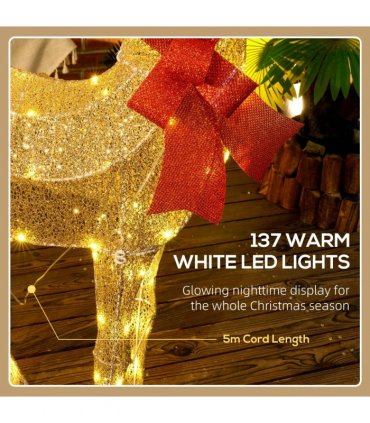 Outsunny Lighted Reindeer Christmas Decoration w/ Stakes Zip Ties Gold Tone