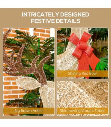 Outsunny Lighted Reindeer Christmas Decoration w/ Stakes Zip Ties Gold Tone