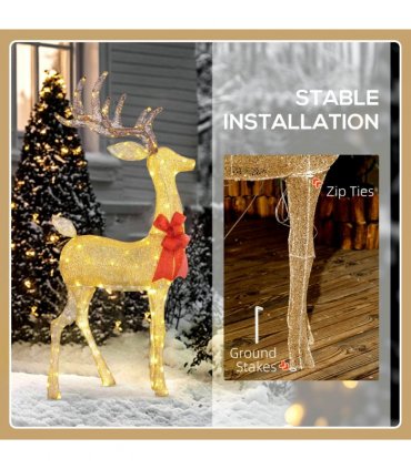 Outsunny Lighted Reindeer Christmas Decoration w/ Stakes Zip Ties Gold Tone