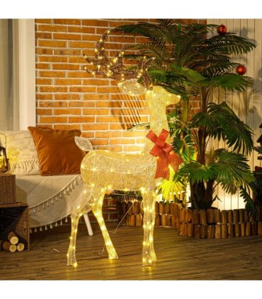 Outsunny Lighted Reindeer Christmas Decoration w/ Stakes Zip Ties Gold Tone