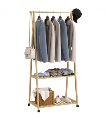 HOMCOM Bamboo Clothes Rail Rack with 2 Storage Shelves, Natural Wood Effect