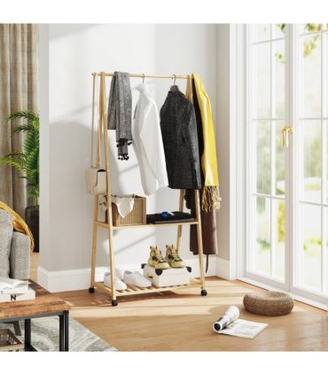 HOMCOM Bamboo Clothes Rail Rack with 2 Storage Shelves, Natural Wood Effect