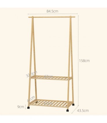 HOMCOM Bamboo Clothes Rail Rack with 2 Storage Shelves, Natural Wood Effect