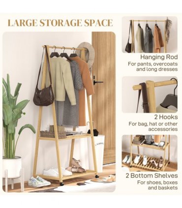 HOMCOM Bamboo Clothes Rail Rack with 2 Storage Shelves, Natural Wood Effect