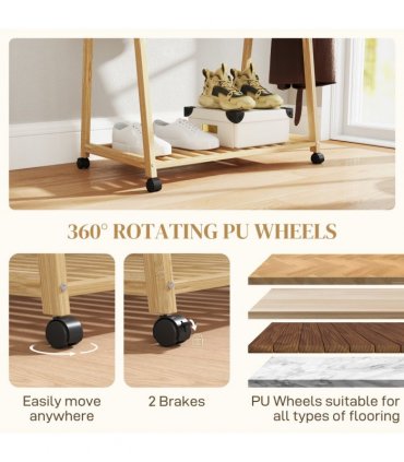 HOMCOM Bamboo Clothes Rail Rack with 2 Storage Shelves, Natural Wood Effect