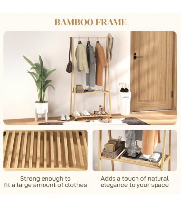 HOMCOM Bamboo Clothes Rail Rack with 2 Storage Shelves, Natural Wood Effect