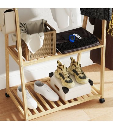 HOMCOM Bamboo Clothes Rail Rack with 2 Storage Shelves, Natural Wood Effect