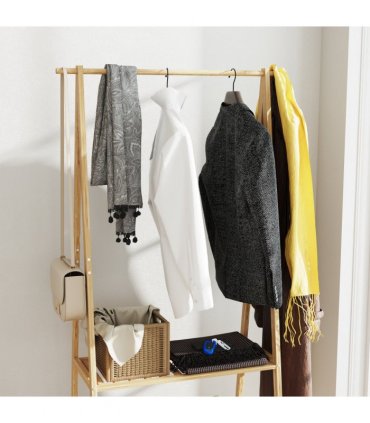 HOMCOM Bamboo Clothes Rail Rack with 2 Storage Shelves, Natural Wood Effect