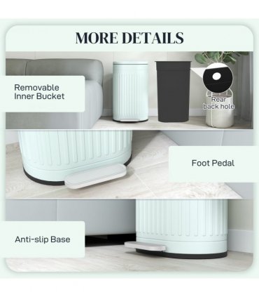 HOMCOM 30L Pedal Bin, Metal Kitchen Bin with Soft-close Lid, Light Green