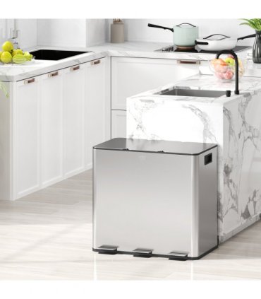 HOMCOM 3 x 15L Triple Kitchen Bin Pedal Bin for Recycling and Waste, Silver