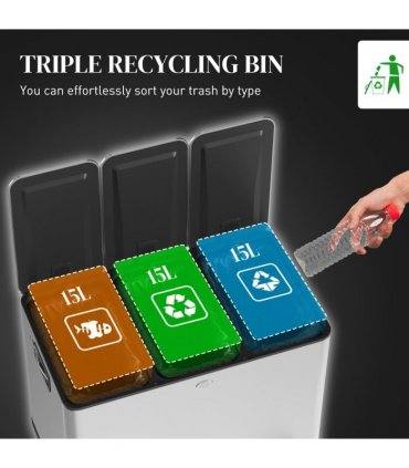 HOMCOM 3 x 15L Triple Kitchen Bin Pedal Bin for Recycling and Waste, Silver