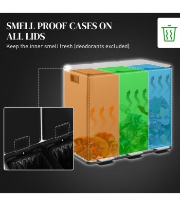 HOMCOM 3 x 15L Triple Kitchen Bin Pedal Bin for Recycling and Waste, Silver