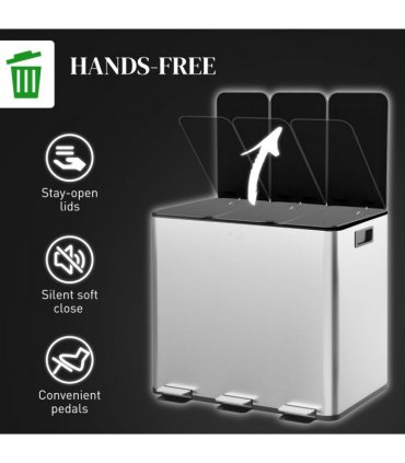 HOMCOM 3 x 15L Triple Kitchen Bin Pedal Bin for Recycling and Waste, Silver