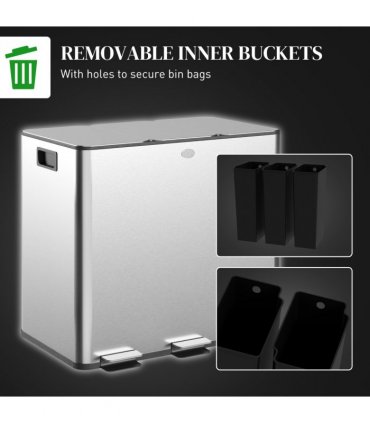 HOMCOM 3 x 15L Triple Kitchen Bin Pedal Bin for Recycling and Waste, Silver