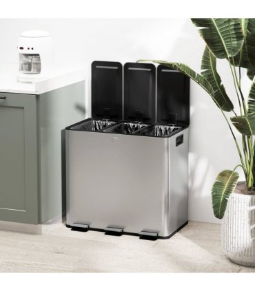 HOMCOM 3 x 15L Triple Kitchen Bin Pedal Bin for Recycling and Waste, Silver