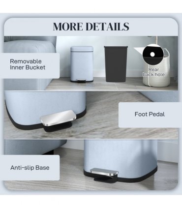 HOMCOM 12L Kitchen Pedal Bin, Metal Rubbish Bin with Soft-close Lid, Light Blue